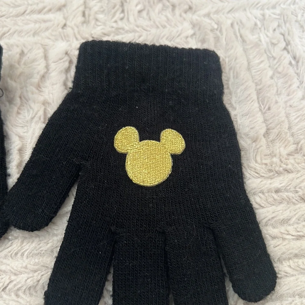 Black stretch knit gloves with gold color embroidered Mickey Mouse One size